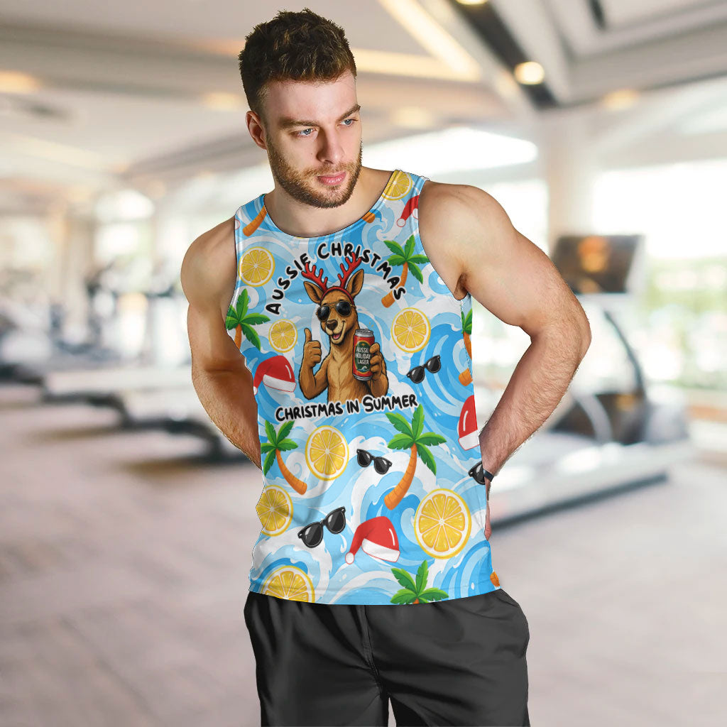 Aussie Christmas In Summer Men Tank Top Surfing Santa And Kangaroo - Tropical Cartoon Beach