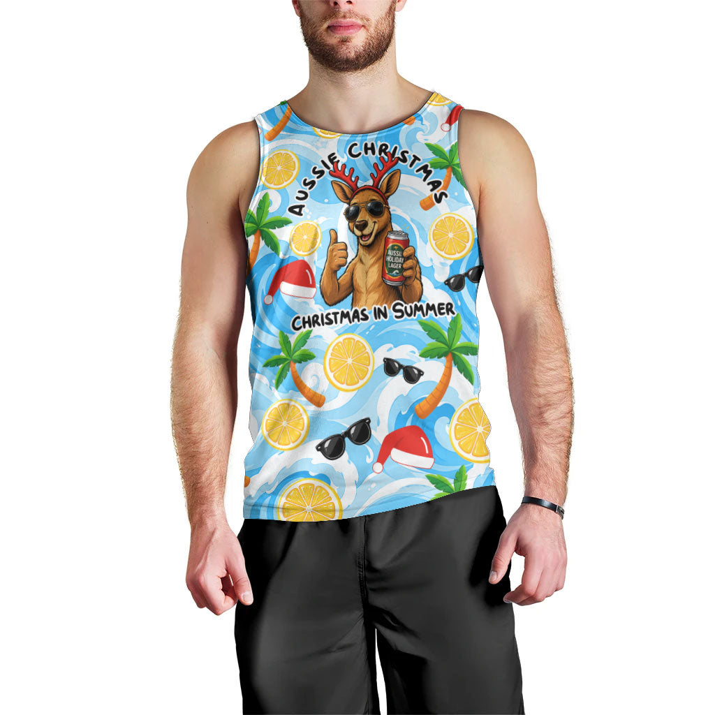 Aussie Christmas In Summer Men Tank Top Surfing Santa And Kangaroo - Tropical Cartoon Beach
