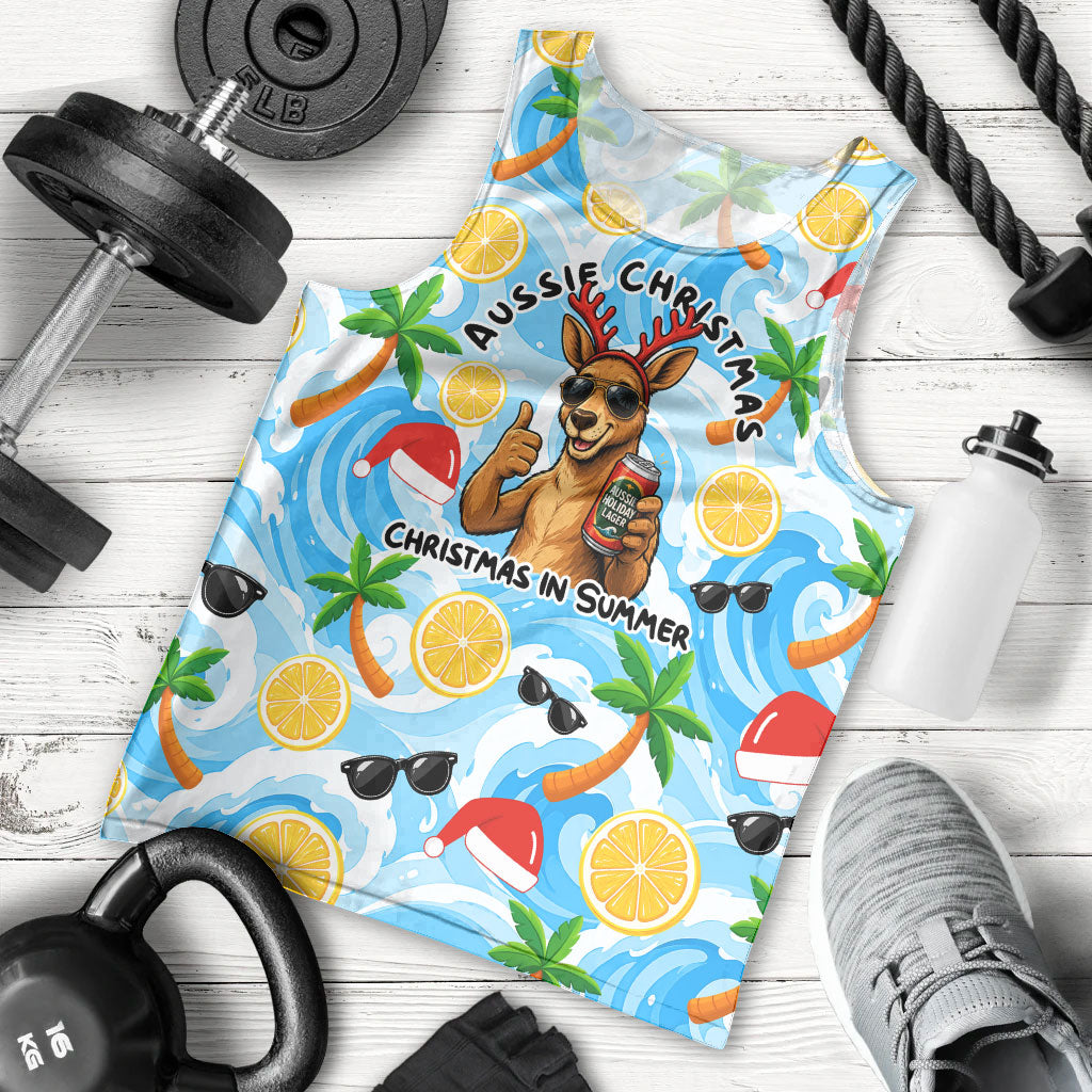 Aussie Christmas In Summer Men Tank Top Surfing Santa And Kangaroo - Tropical Cartoon Beach