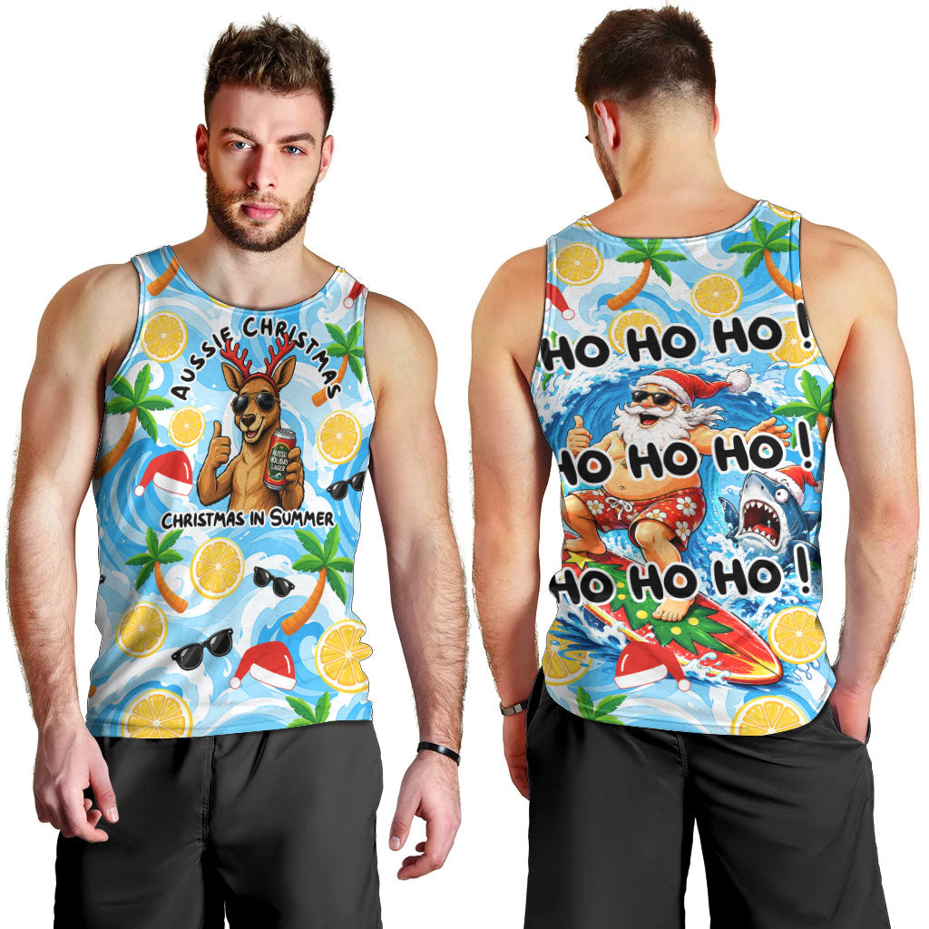 Aussie Christmas In Summer Men Tank Top Surfing Santa And Kangaroo - Tropical Cartoon Beach