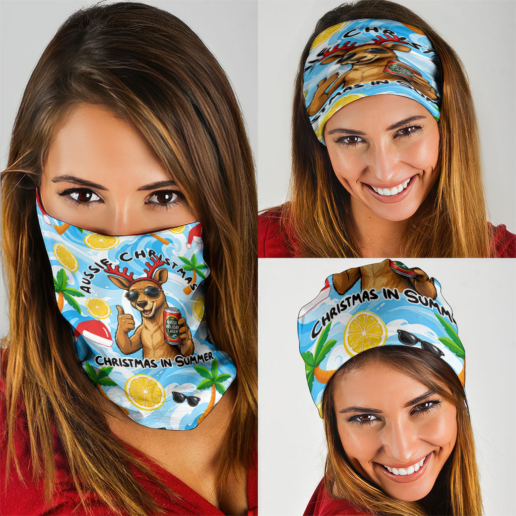 Aussie Christmas In Summer Neck Gaiter Surfing Santa And Kangaroo - Tropical Cartoon Beach