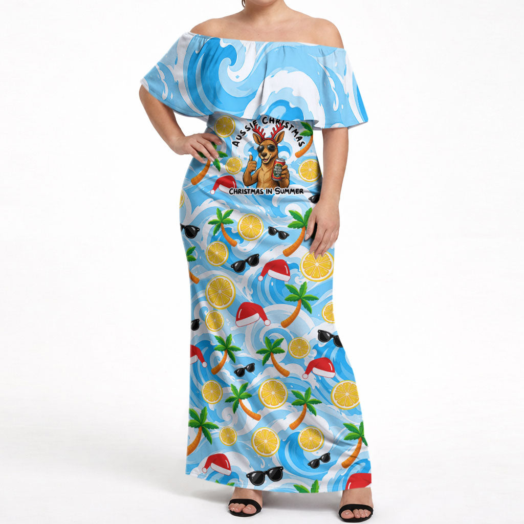 Aussie Christmas In Summer Off Shoulder Maxi Dress Surfing Santa And Kangaroo - Tropical Cartoon Beach