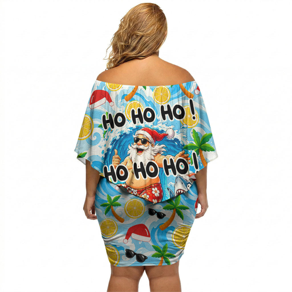 Aussie Christmas In Summer Off Shoulder Short Dress Surfing Santa And Kangaroo - Tropical Cartoon Beach