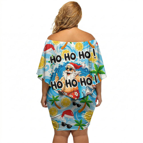 Aussie Christmas In Summer Off Shoulder Short Dress Surfing Santa And Kangaroo - Tropical Cartoon Beach