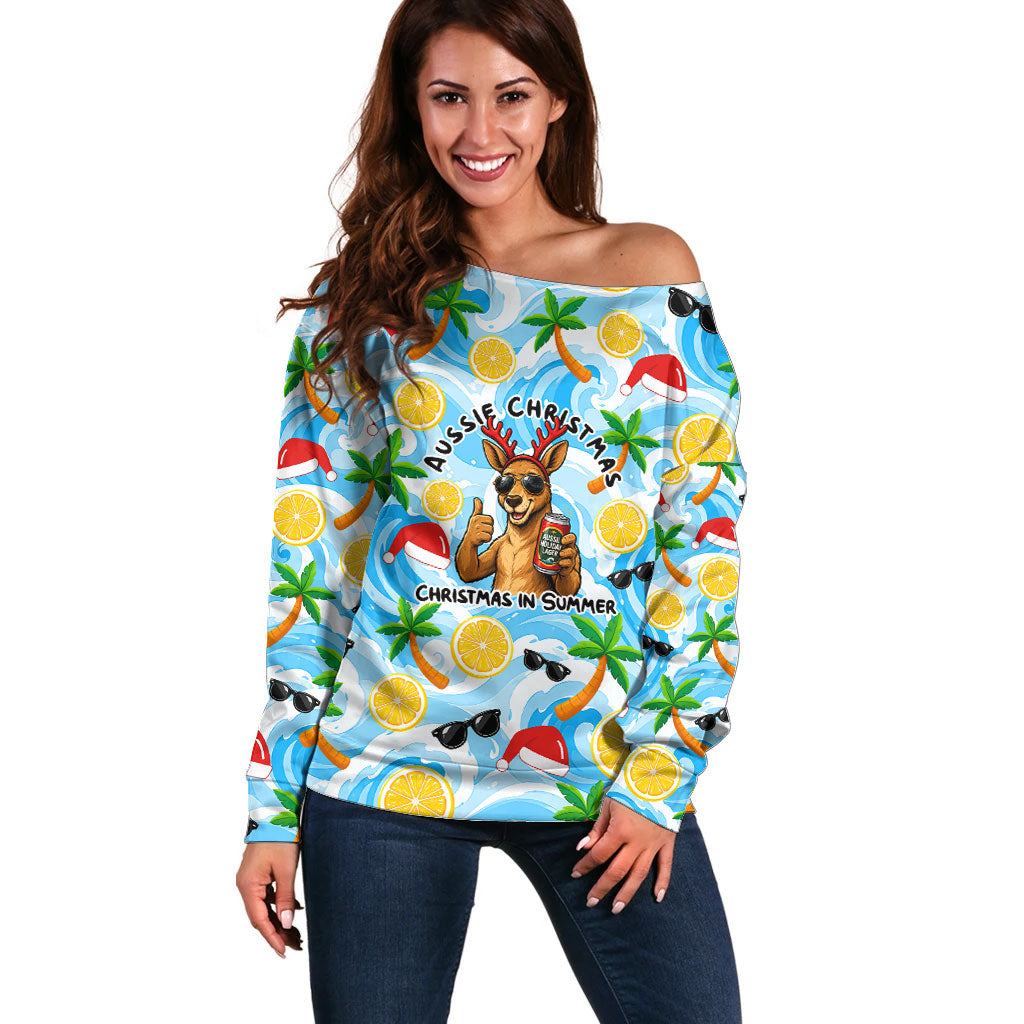 Aussie Christmas In Summer Off Shoulder Sweater Surfing Santa And Kangaroo - Tropical Cartoon Beach