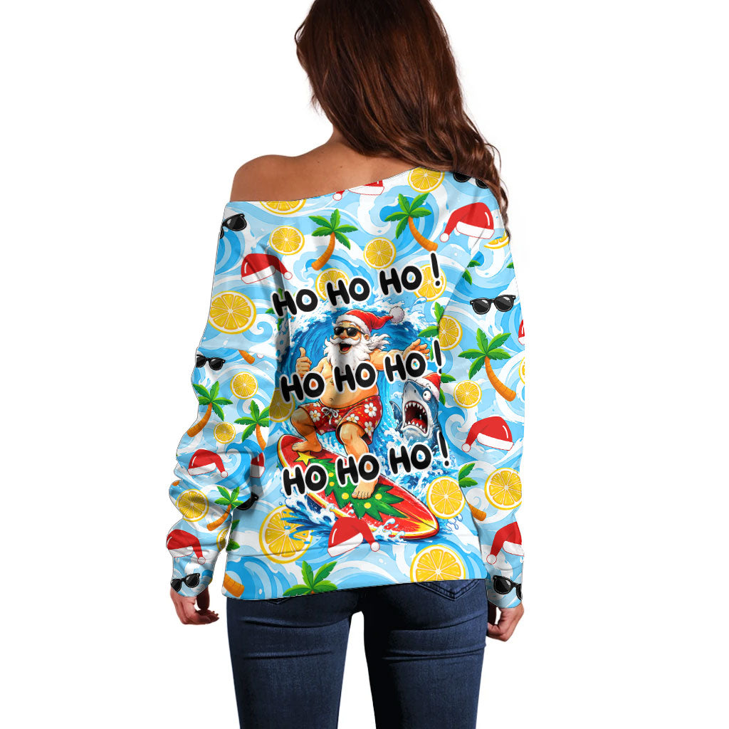 Aussie Christmas In Summer Off Shoulder Sweater Surfing Santa And Kangaroo - Tropical Cartoon Beach