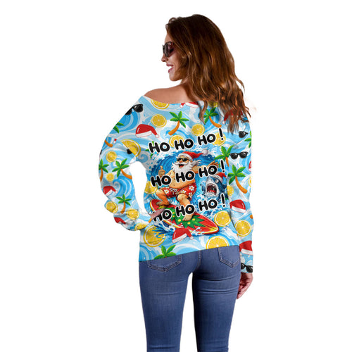 Aussie Christmas In Summer Off Shoulder Sweater Surfing Santa And Kangaroo - Tropical Cartoon Beach