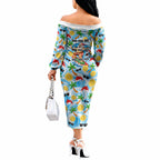 Aussie Christmas In Summer Off The Shoulder Long Sleeve Dress Surfing Santa And Kangaroo - Tropical Cartoon Beach