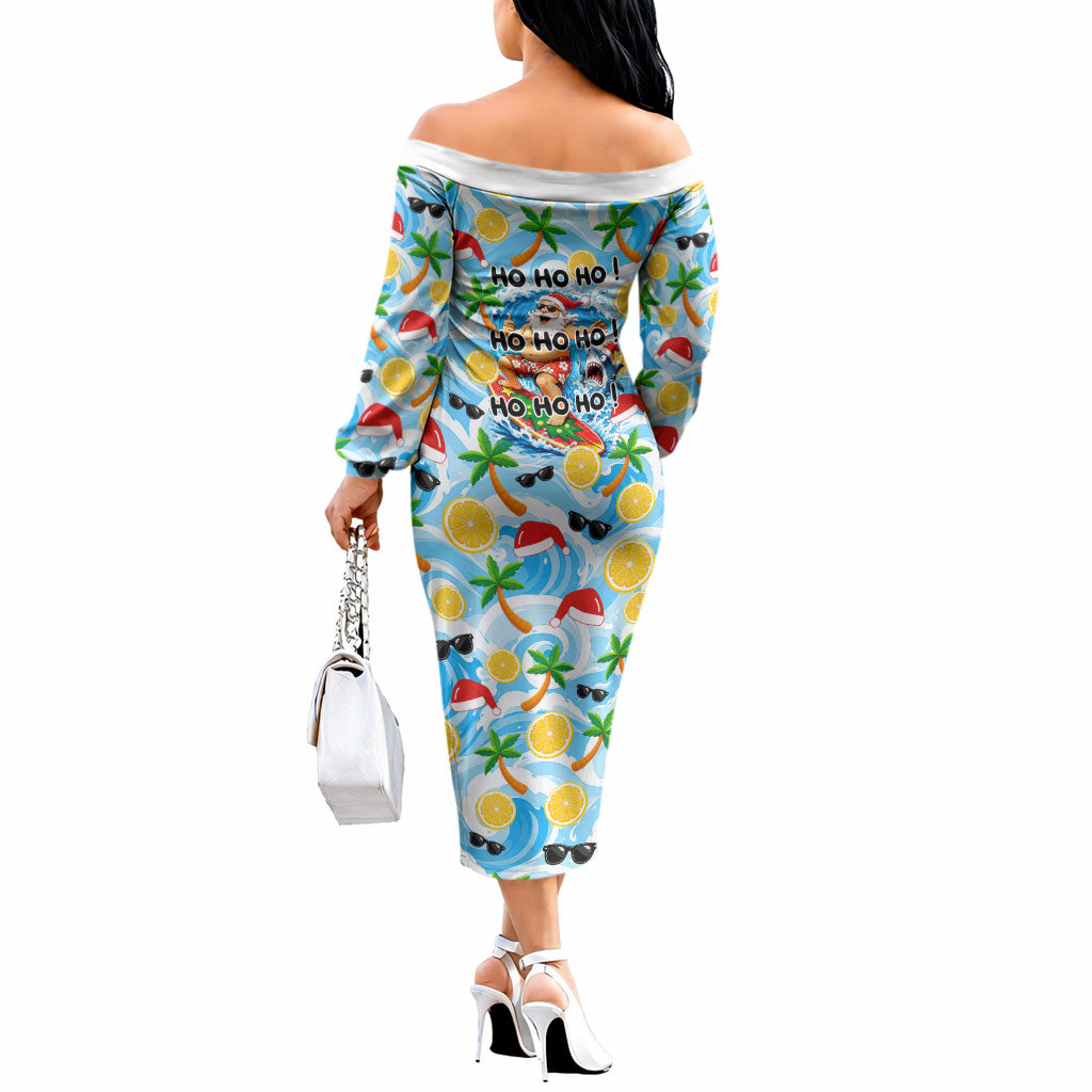 Aussie Christmas In Summer Off The Shoulder Long Sleeve Dress Surfing Santa And Kangaroo - Tropical Cartoon Beach