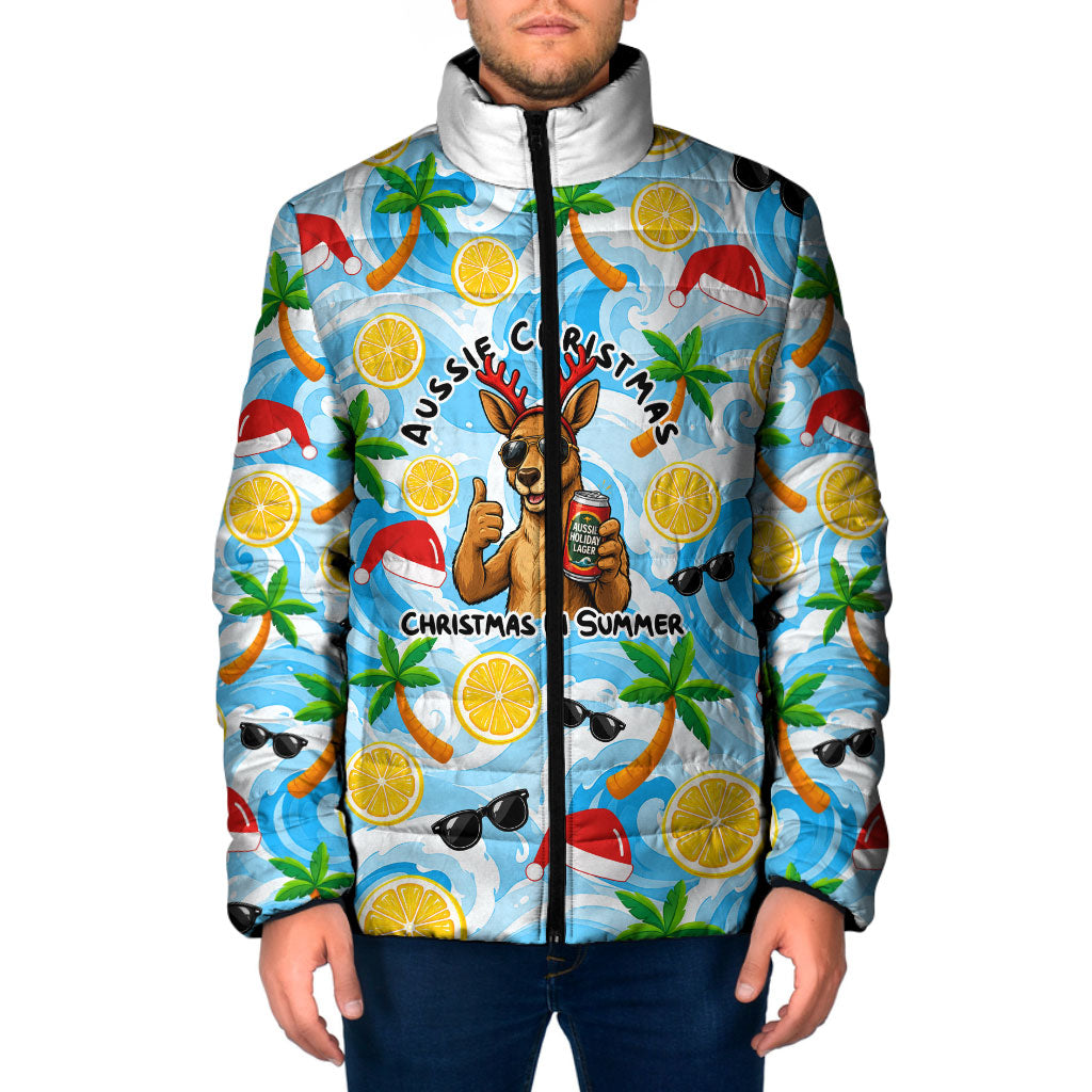 Aussie Christmas In Summer Padded Jacket Surfing Santa And Kangaroo - Tropical Cartoon Beach