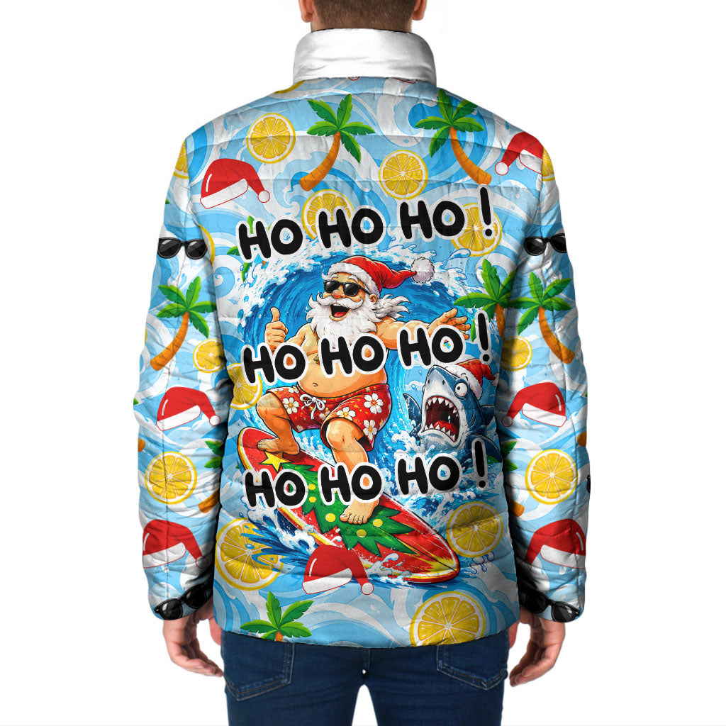 Aussie Christmas In Summer Padded Jacket Surfing Santa And Kangaroo - Tropical Cartoon Beach