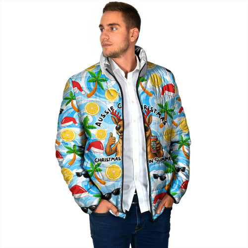 Aussie Christmas In Summer Padded Jacket Surfing Santa And Kangaroo - Tropical Cartoon Beach