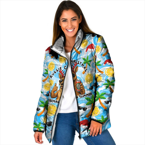 Aussie Christmas In Summer Padded Jacket Surfing Santa And Kangaroo - Tropical Cartoon Beach