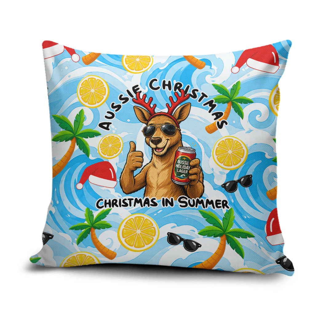 Aussie Christmas In Summer Pillow Cover Surfing Santa And Kangaroo - Tropical Cartoon Beach