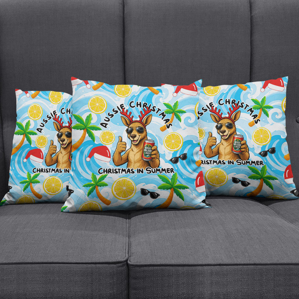 Aussie Christmas In Summer Pillow Cover Surfing Santa And Kangaroo - Tropical Cartoon Beach