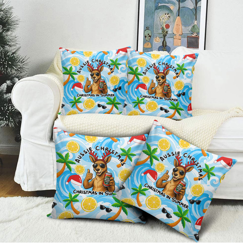 Aussie Christmas In Summer Pillow Cover Surfing Santa And Kangaroo - Tropical Cartoon Beach