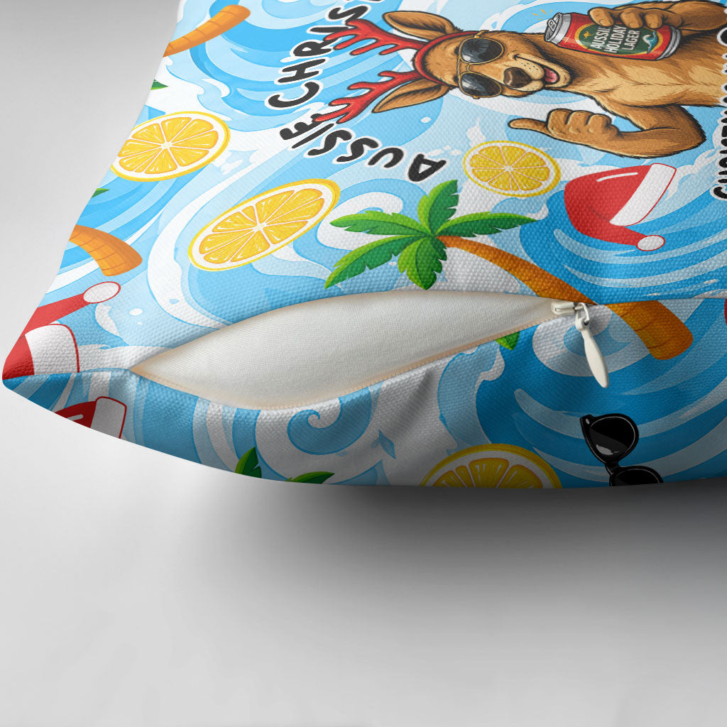 Aussie Christmas In Summer Pillow Cover Surfing Santa And Kangaroo - Tropical Cartoon Beach