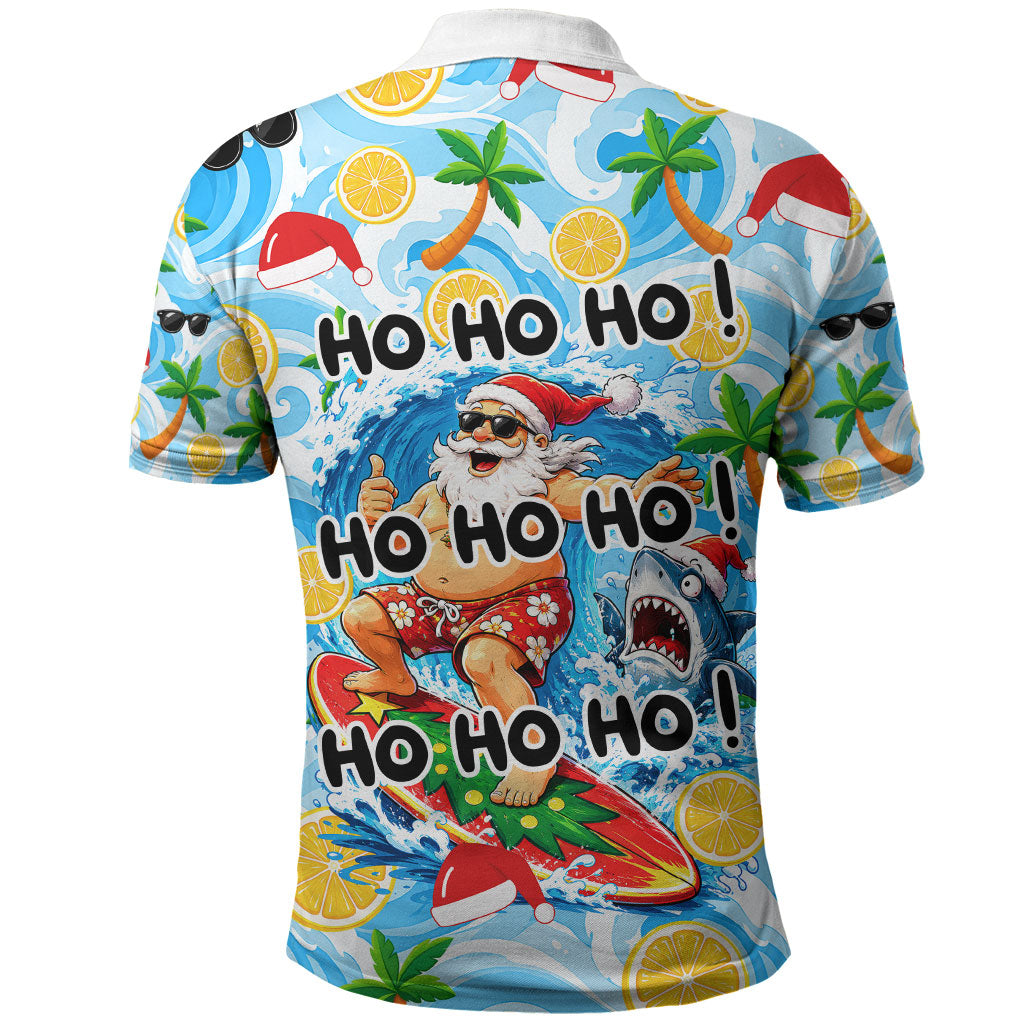 Aussie Christmas In Summer Polo Shirt Surfing Santa And Kangaroo - Tropical Cartoon Beach