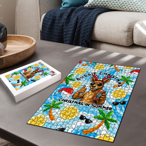 Aussie Christmas In Summer Puzzle Surfing Santa And Kangaroo - Tropical Cartoon Beach
