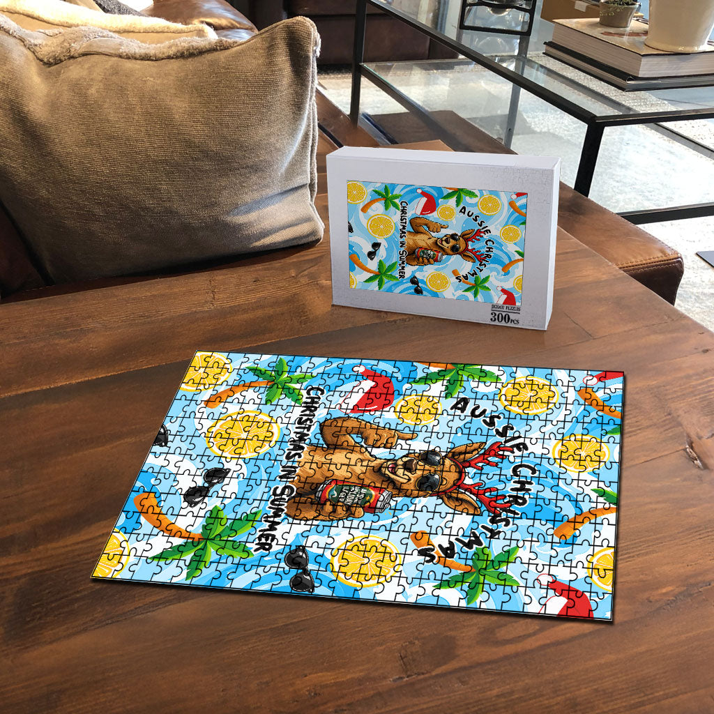 Aussie Christmas In Summer Puzzle Surfing Santa And Kangaroo - Tropical Cartoon Beach