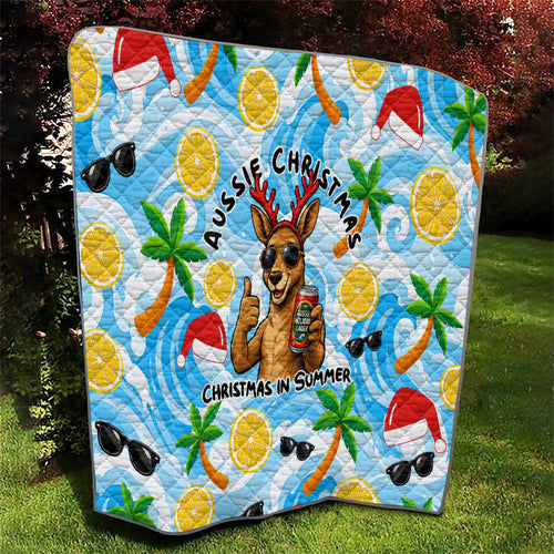 Aussie Christmas In Summer Quilt Surfing Santa And Kangaroo - Tropical Cartoon Beach