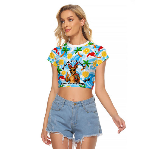 Aussie Christmas In Summer Raglan Cropped T Shirt Surfing Santa And Kangaroo - Tropical Cartoon Beach