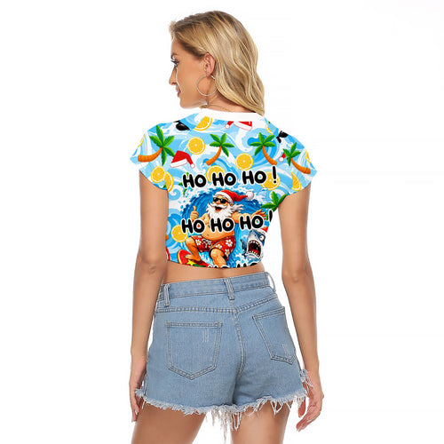Aussie Christmas In Summer Raglan Cropped T Shirt Surfing Santa And Kangaroo - Tropical Cartoon Beach