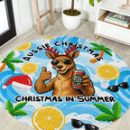 Aussie Christmas In Summer Round Carpet Surfing Santa And Kangaroo - Tropical Cartoon Beach