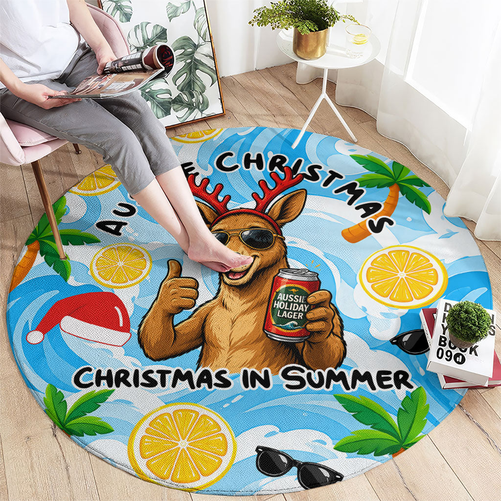 Aussie Christmas In Summer Round Carpet Surfing Santa And Kangaroo - Tropical Cartoon Beach