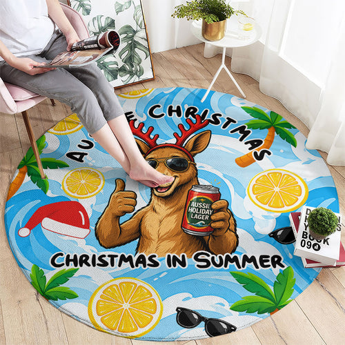 Aussie Christmas In Summer Round Carpet Surfing Santa And Kangaroo - Tropical Cartoon Beach