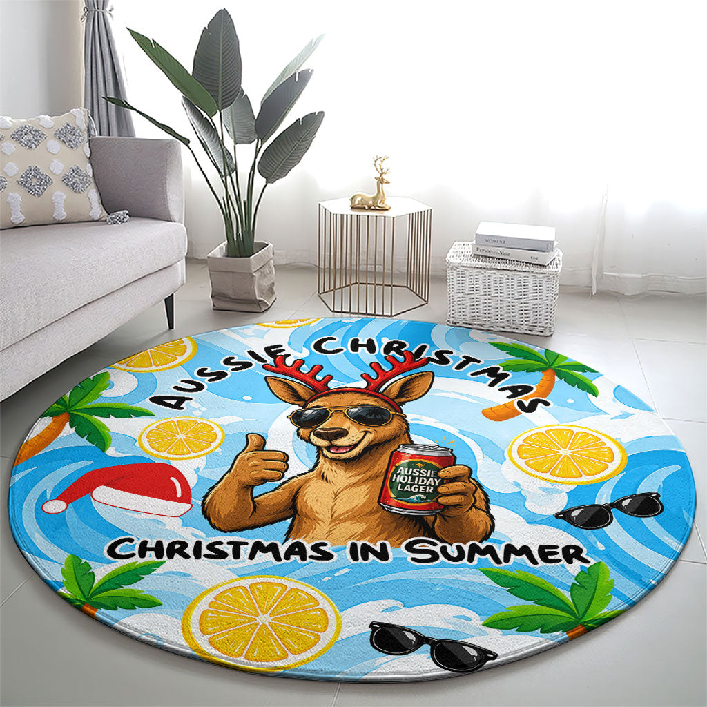 Aussie Christmas In Summer Round Carpet Surfing Santa And Kangaroo - Tropical Cartoon Beach