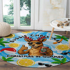 Aussie Christmas In Summer Round Carpet Surfing Santa And Kangaroo - Tropical Cartoon Beach