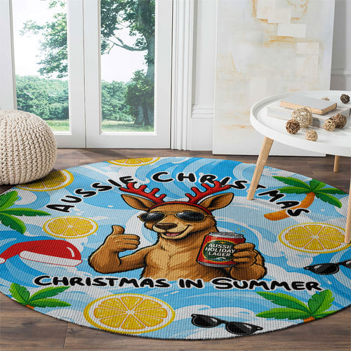 Aussie Christmas In Summer Round Carpet Surfing Santa And Kangaroo - Tropical Cartoon Beach