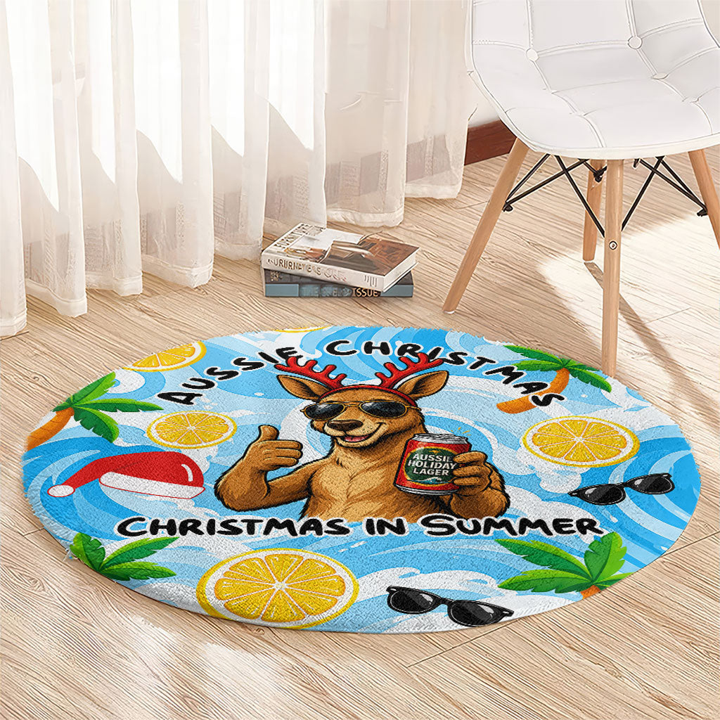 Aussie Christmas In Summer Round Carpet Surfing Santa And Kangaroo - Tropical Cartoon Beach