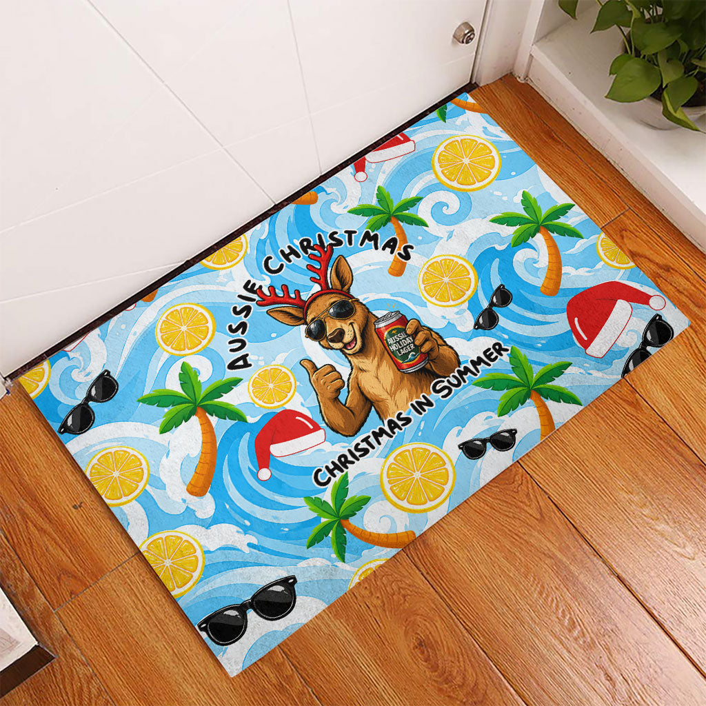 Aussie Christmas In Summer Rubber Doormat Surfing Santa And Kangaroo - Tropical Cartoon Beach