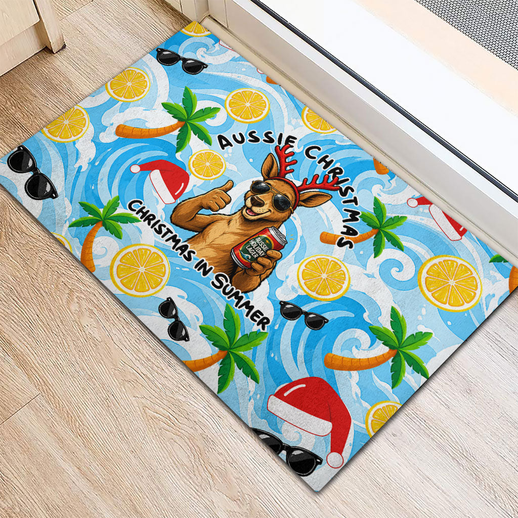 Aussie Christmas In Summer Rubber Doormat Surfing Santa And Kangaroo - Tropical Cartoon Beach