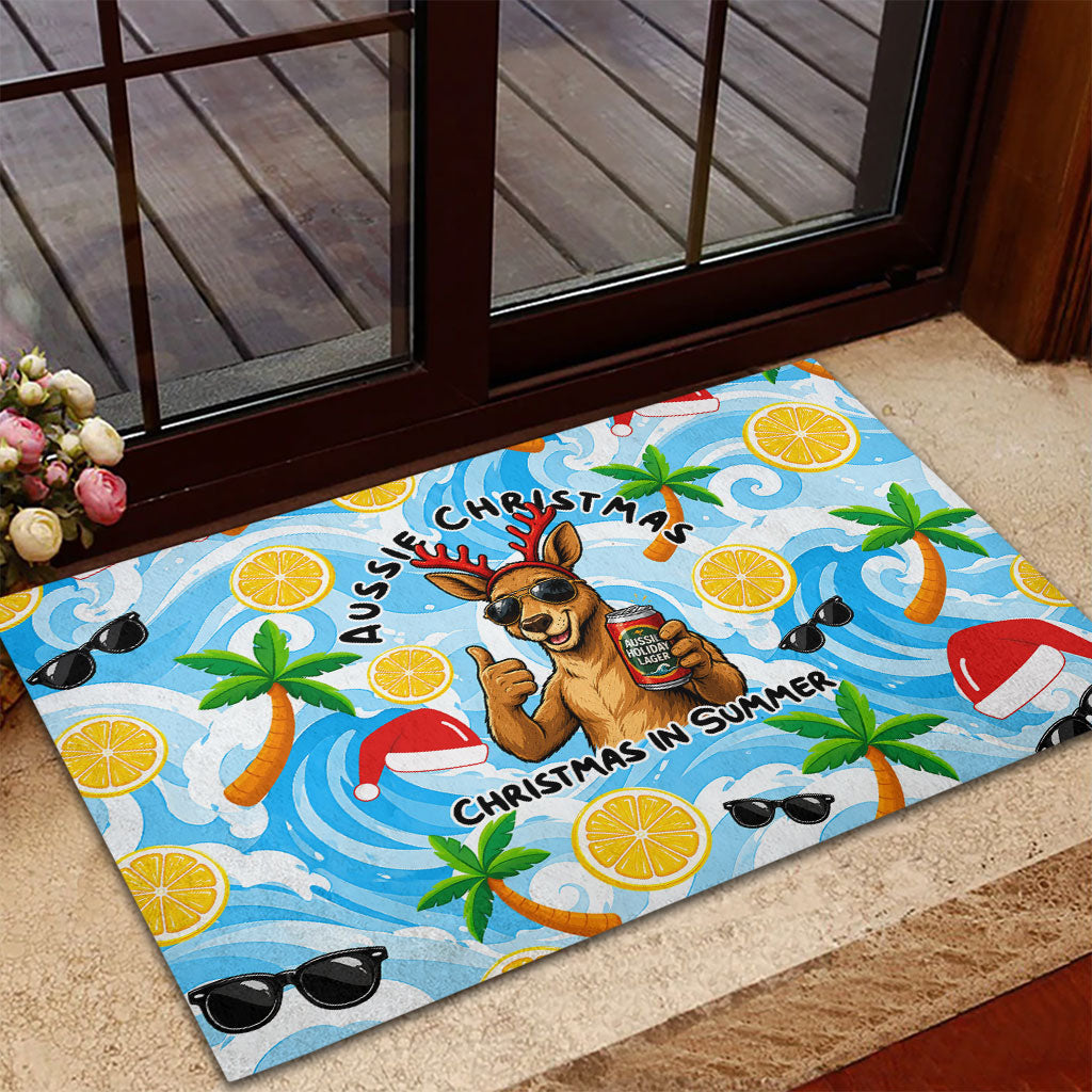 Aussie Christmas In Summer Rubber Doormat Surfing Santa And Kangaroo - Tropical Cartoon Beach