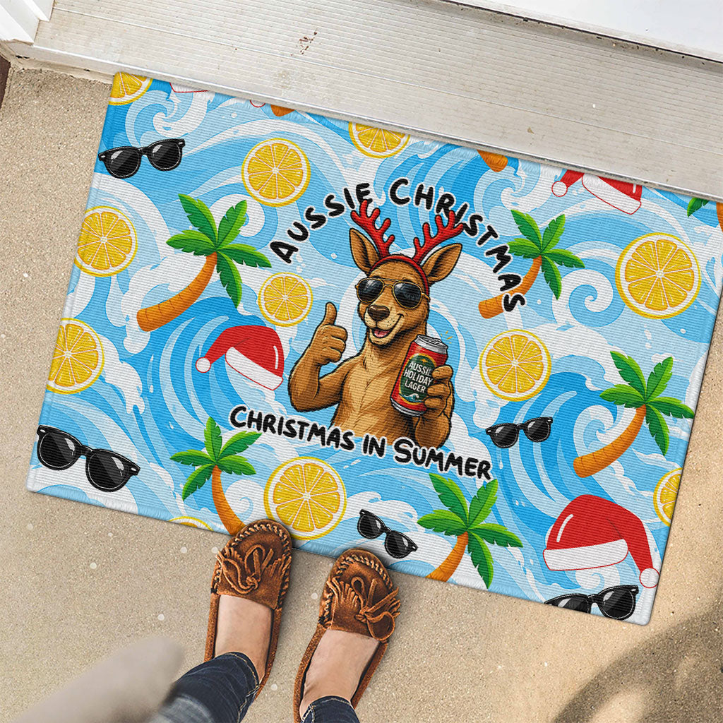 Aussie Christmas In Summer Rubber Doormat Surfing Santa And Kangaroo - Tropical Cartoon Beach