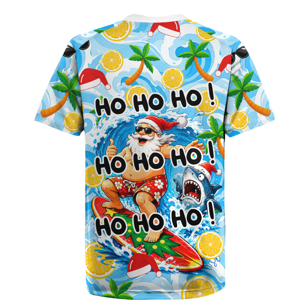 Aussie Christmas In Summer Rugby Jersey Surfing Santa And Kangaroo - Tropical Cartoon Beach