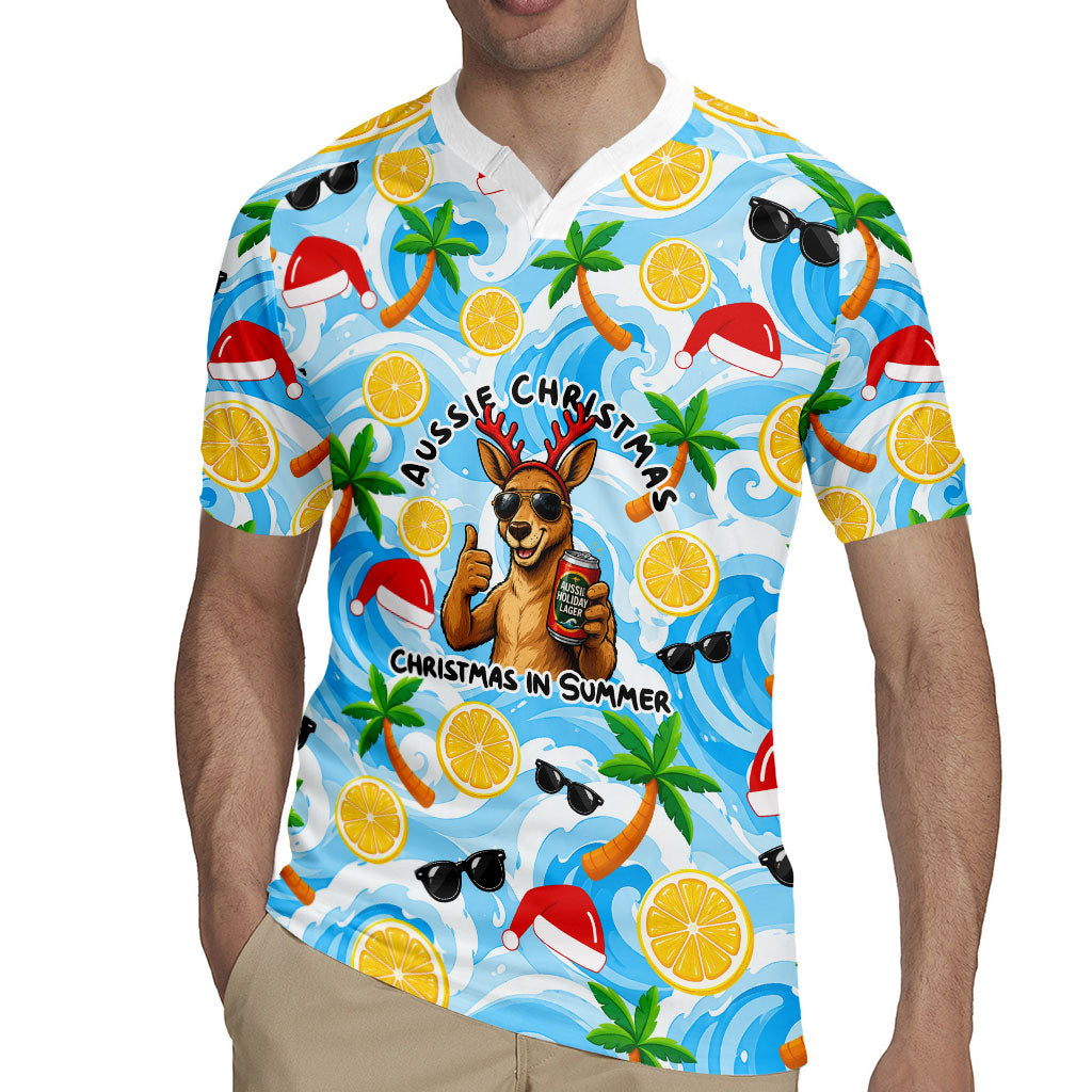 Aussie Christmas In Summer Rugby Jersey Surfing Santa And Kangaroo - Tropical Cartoon Beach
