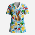 Aussie Christmas In Summer Scrub Top Surfing Santa And Kangaroo - Tropical Cartoon Beach