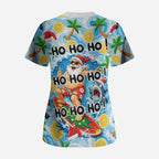 Aussie Christmas In Summer Scrub Top Surfing Santa And Kangaroo - Tropical Cartoon Beach