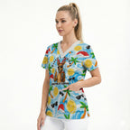 Aussie Christmas In Summer Scrub Top Surfing Santa And Kangaroo - Tropical Cartoon Beach