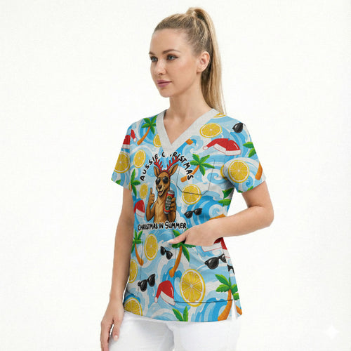 Aussie Christmas In Summer Scrub Top Surfing Santa And Kangaroo - Tropical Cartoon Beach