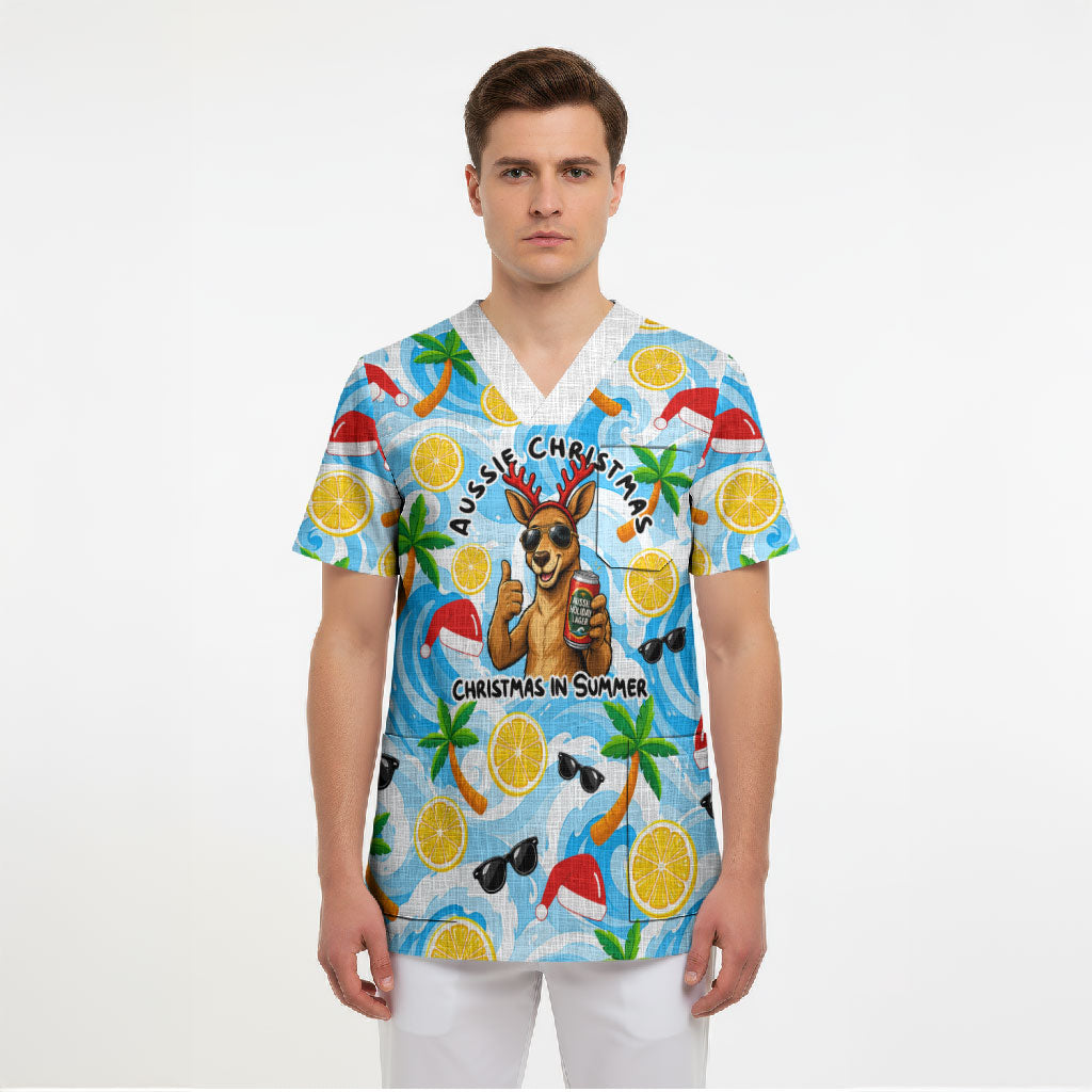 Aussie Christmas In Summer Scrub Top Surfing Santa And Kangaroo - Tropical Cartoon Beach