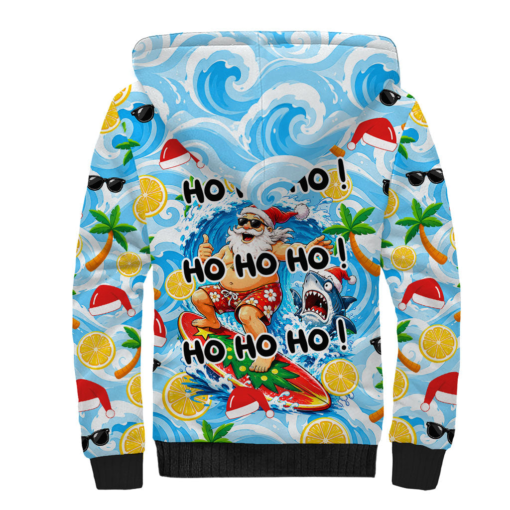 Aussie Christmas In Summer Sherpa Hoodie Surfing Santa And Kangaroo - Tropical Cartoon Beach