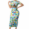 Aussie Christmas In Summer Short Sleeve Bodycon Dress Surfing Santa And Kangaroo - Tropical Cartoon Beach