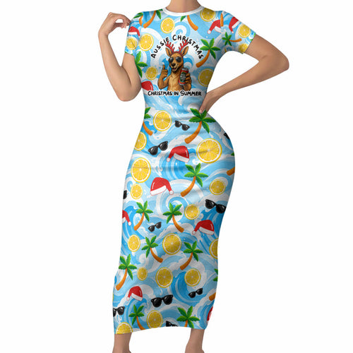 Aussie Christmas In Summer Short Sleeve Bodycon Dress Surfing Santa And Kangaroo - Tropical Cartoon Beach