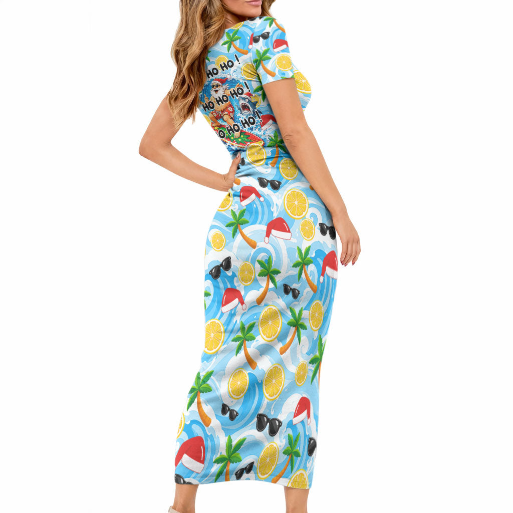 Aussie Christmas In Summer Short Sleeve Bodycon Dress Surfing Santa And Kangaroo - Tropical Cartoon Beach