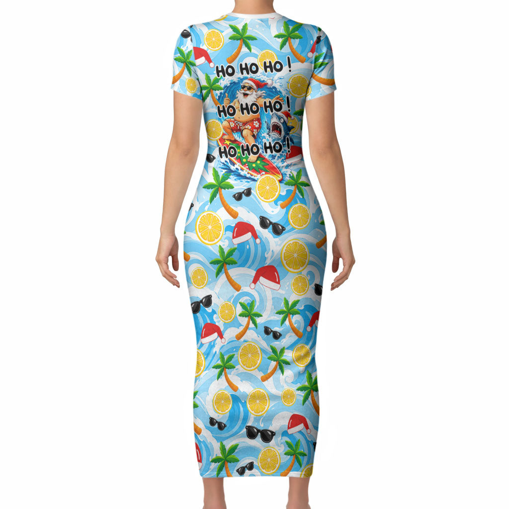 Aussie Christmas In Summer Short Sleeve Bodycon Dress Surfing Santa And Kangaroo - Tropical Cartoon Beach